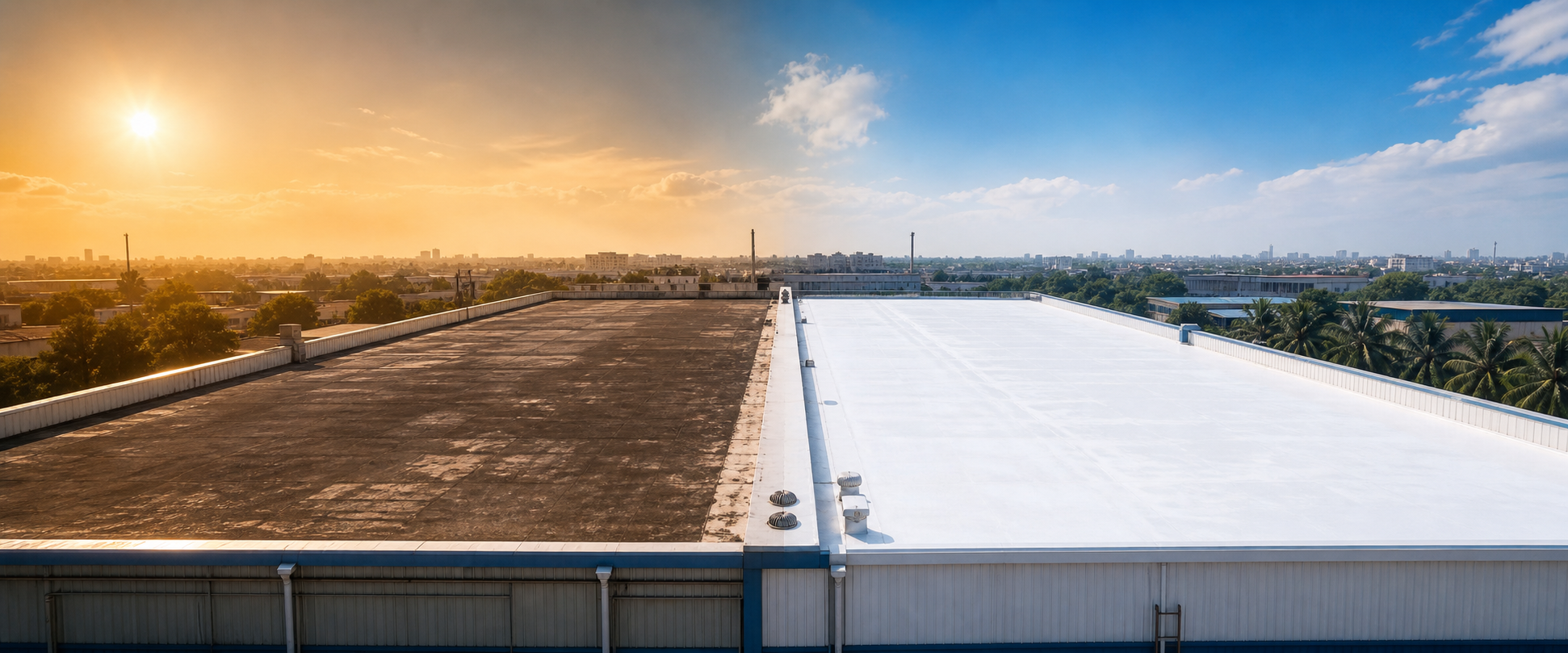 Illustration of a dark untreated roof beside a white heat-reflective coated roof